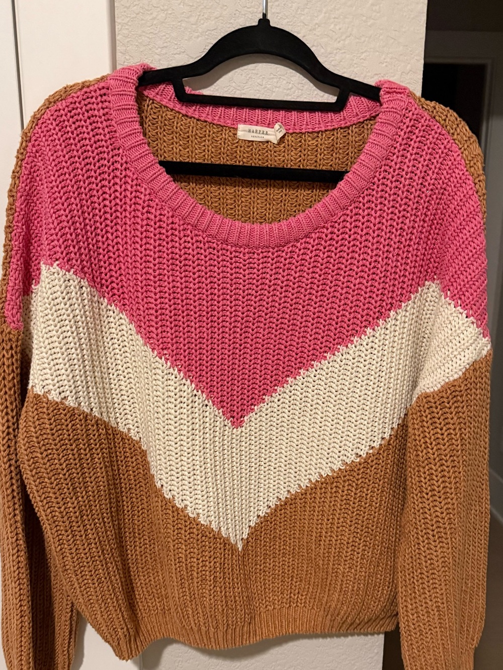 Harper Heritage Pink Brown Cream Chevron Striped Knit Sweater Large